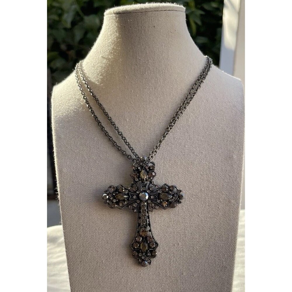 Vintage Silver Cross Necklace Gray Rhinestones Large Pendant Stones Religious